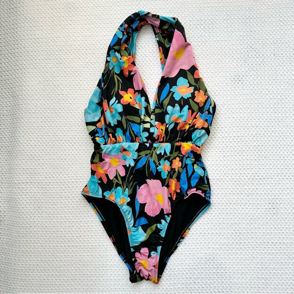 Swim RX Black Multi Floral Plunging Neck Twist Back High Waist One Piece Swim S